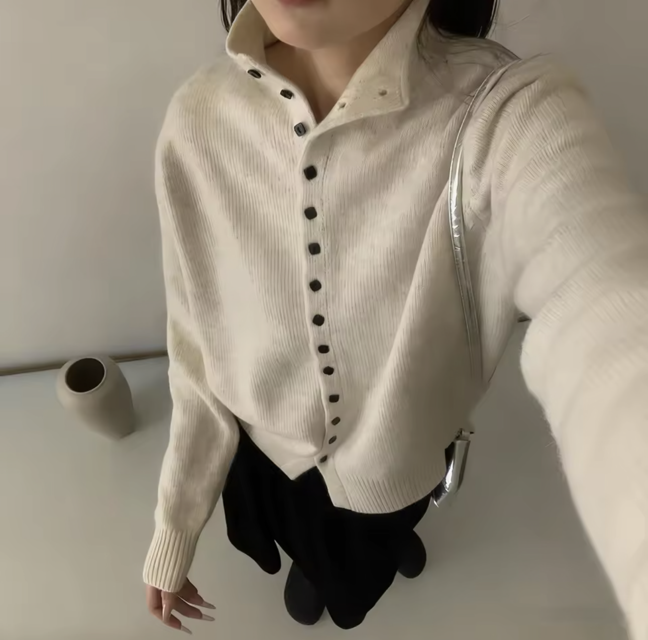 Women Stand Collar Button Down Knit Cardigan Sweater Korean Style Casual Knitwear Solid Color Soft Knitted Top for Autumn Winter