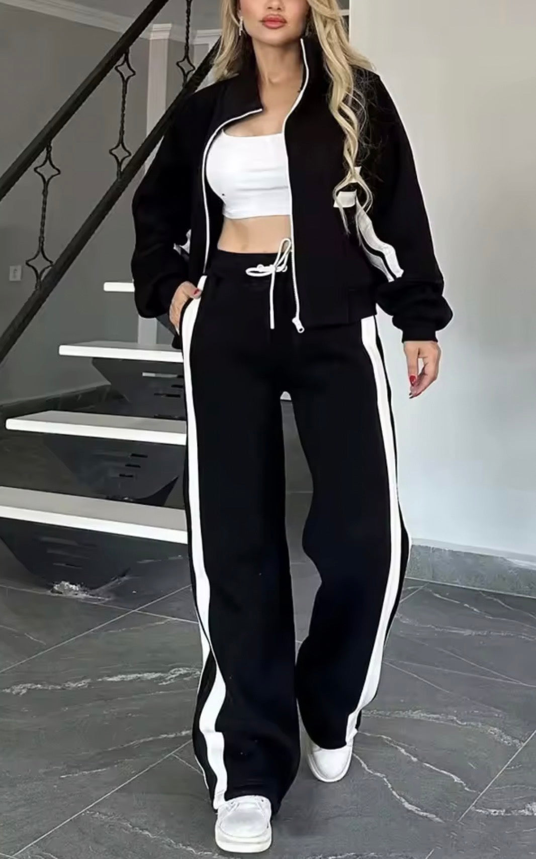 Women's Matching Two-Piece Sport Set Stand Collar Full Zip Cropped Top with Side Double Stripe Wide Leg Drawstring Waist Jogger