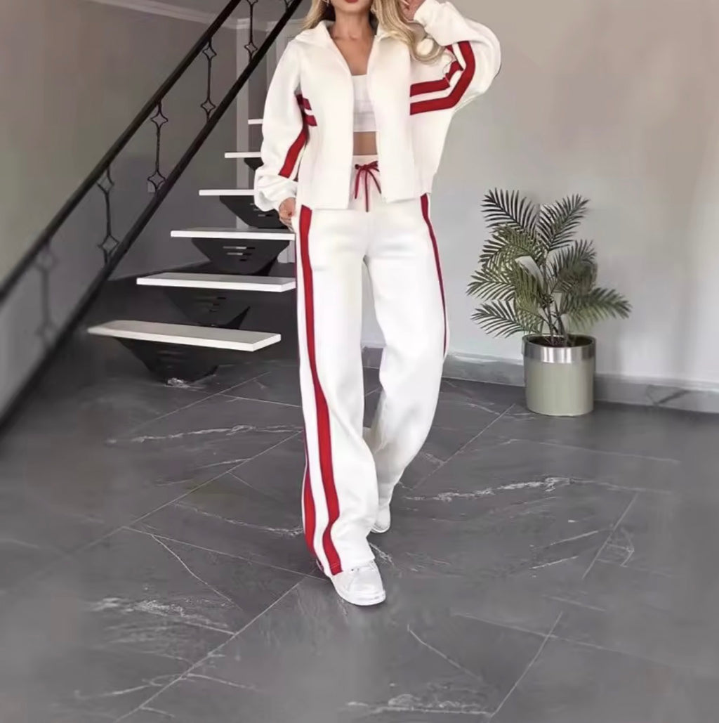 Women's Matching Two-Piece Sport Set Stand Collar Full Zip Cropped Top with Side Double Stripe Wide Leg Drawstring Waist Jogger