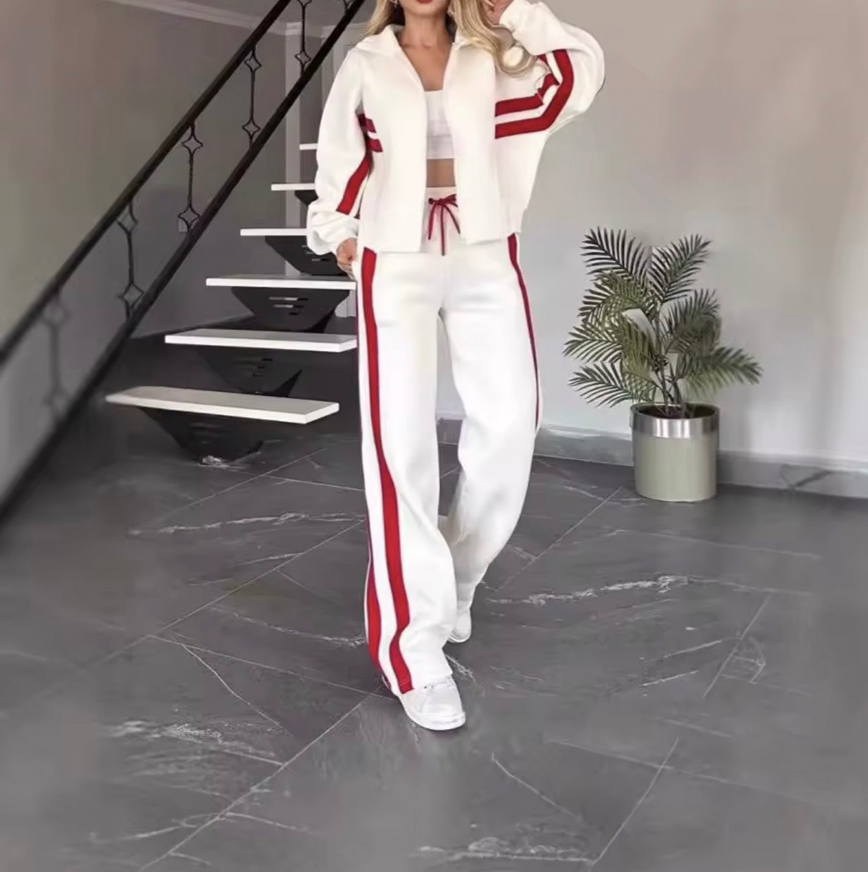 Women's Matching Two-Piece Sport Set Stand Collar Full Zip Cropped Top with Side Double Stripe Wide Leg Drawstring Waist Jogger