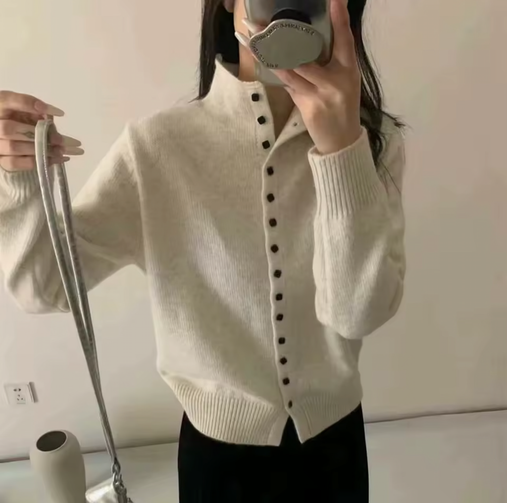 Women Stand Collar Button Down Knit Cardigan Sweater Korean Style Casual Knitwear Solid Color Soft Knitted Top for Autumn Winter
