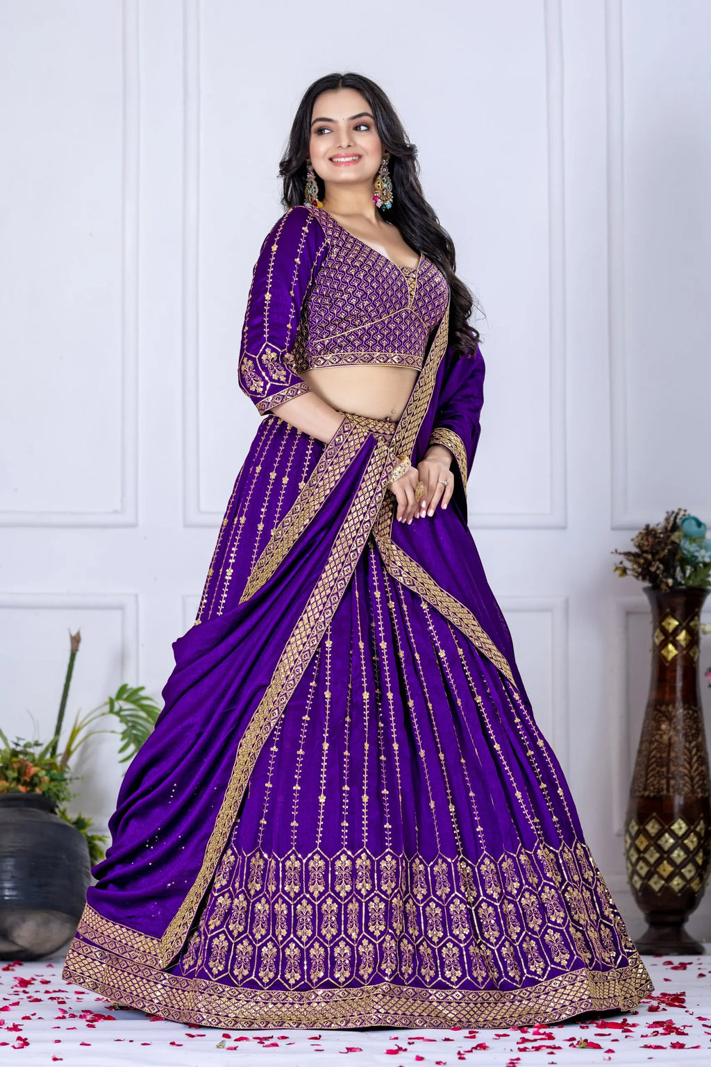 Embroidered V-Neck Semi-Stitched Heavy Vichitra Silk Wrinkle-Free Reversible Lehenga Choli Unstitched Blouse Dupatta Wedding