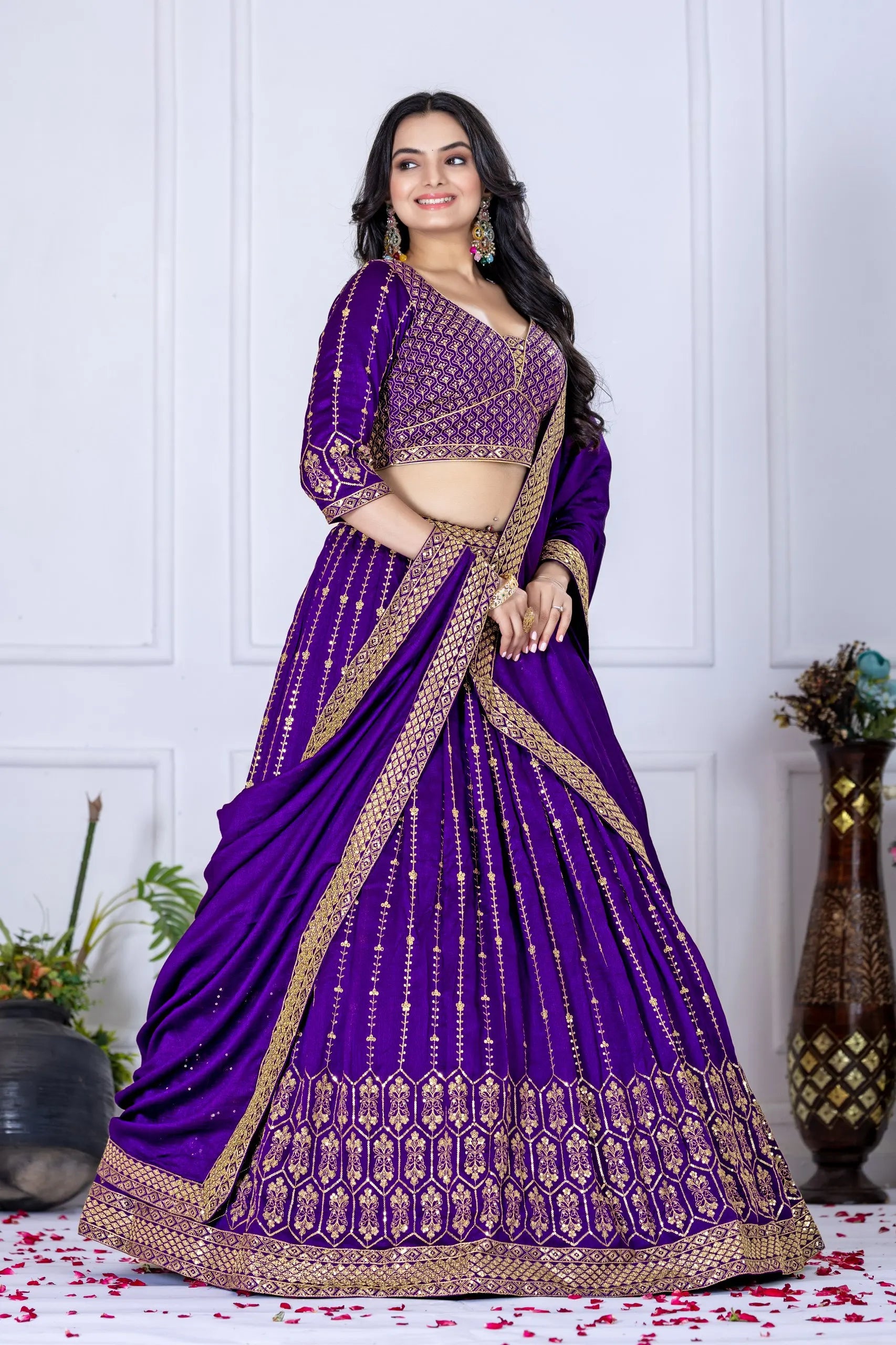 Embroidered V-Neck Semi-Stitched Heavy Vichitra Silk Wrinkle-Free Reversible Lehenga Choli Unstitched Blouse Dupatta Wedding