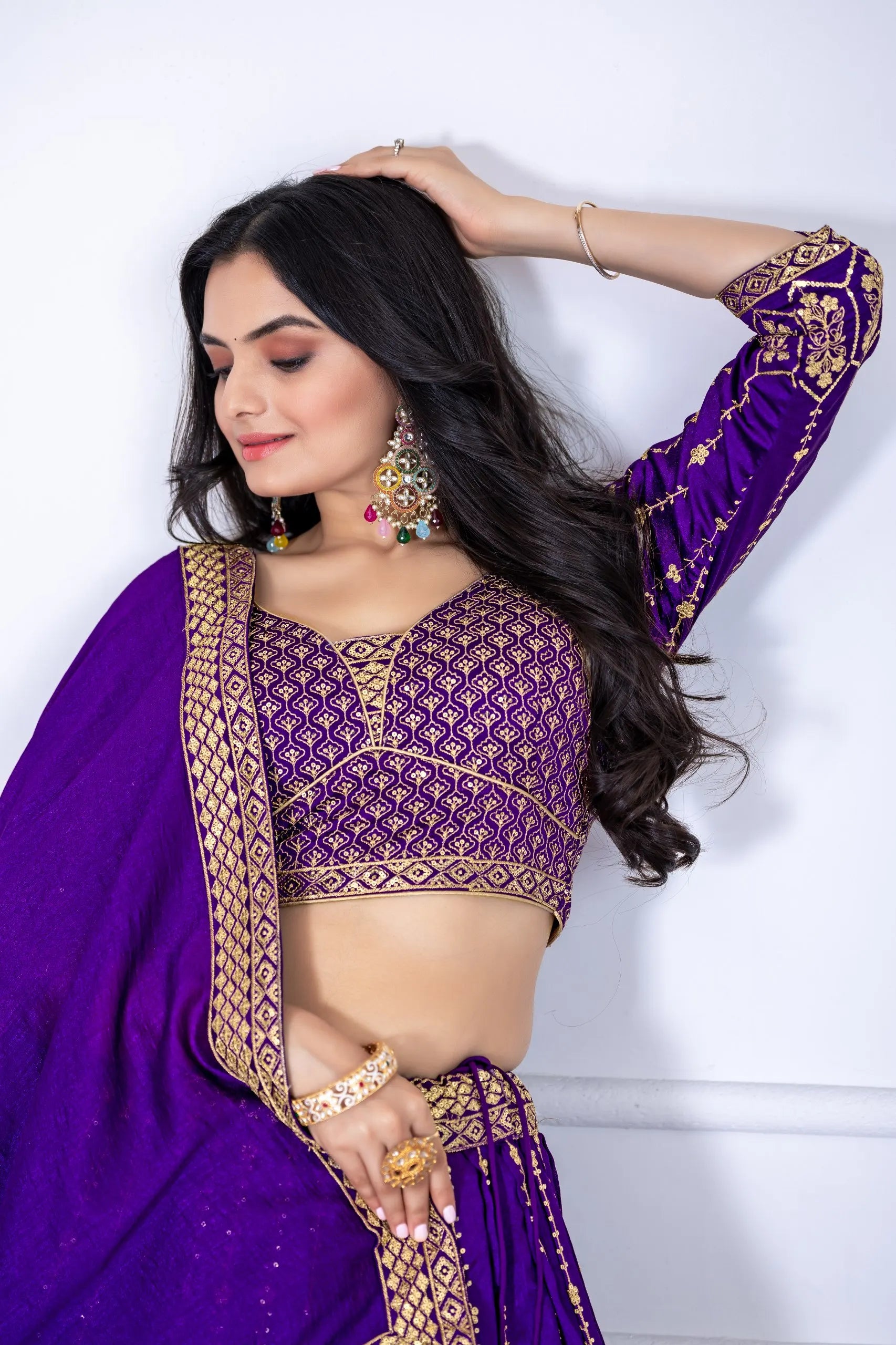 Embroidered V-Neck Semi-Stitched Heavy Vichitra Silk Wrinkle-Free Reversible Lehenga Choli Unstitched Blouse Dupatta Wedding