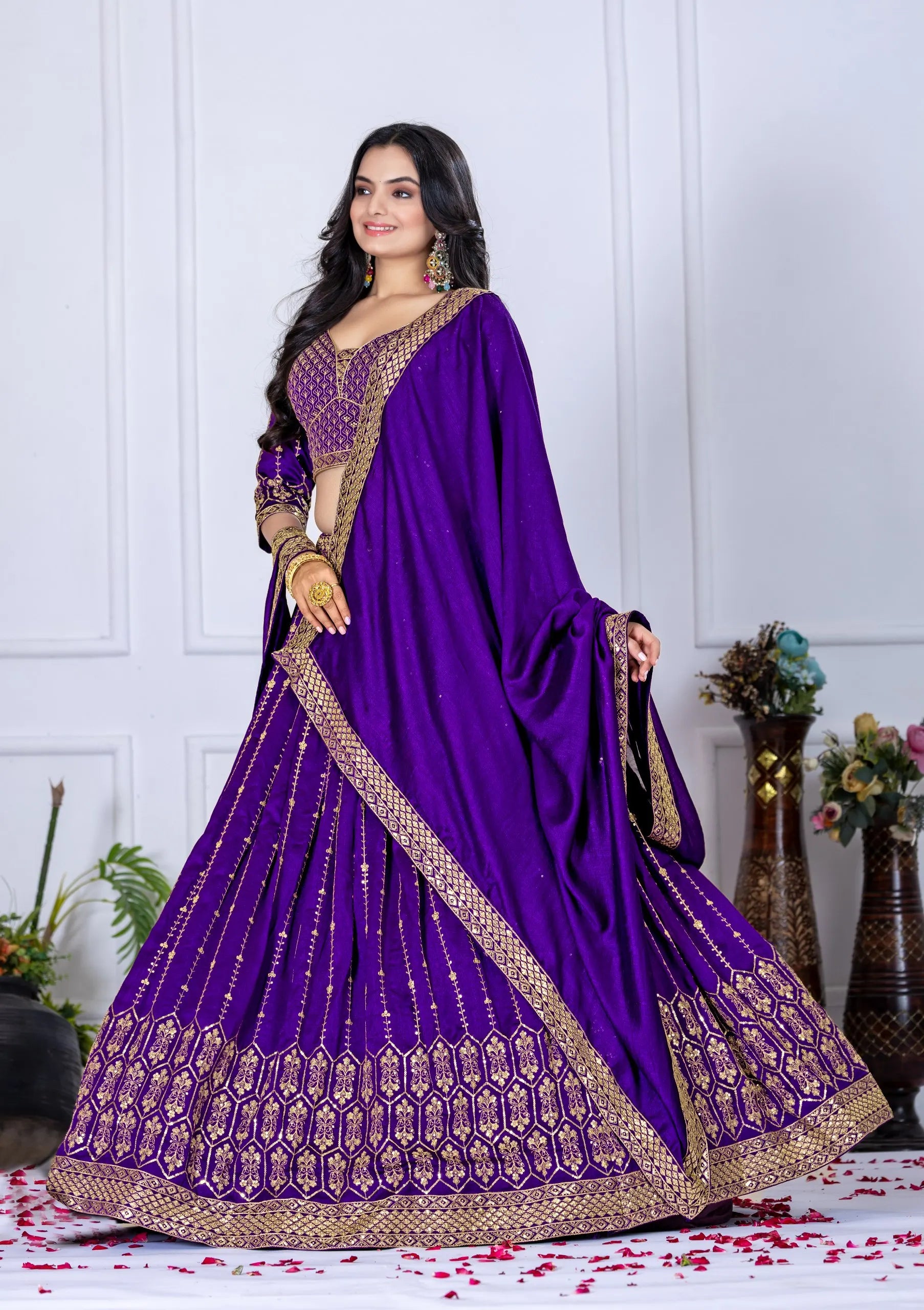 Embroidered V-Neck Semi-Stitched Heavy Vichitra Silk Wrinkle-Free Reversible Lehenga Choli Unstitched Blouse Dupatta Wedding