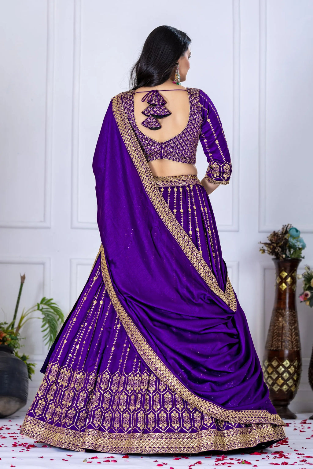 Embroidered V-Neck Semi-Stitched Heavy Vichitra Silk Wrinkle-Free Reversible Lehenga Choli Unstitched Blouse Dupatta Wedding