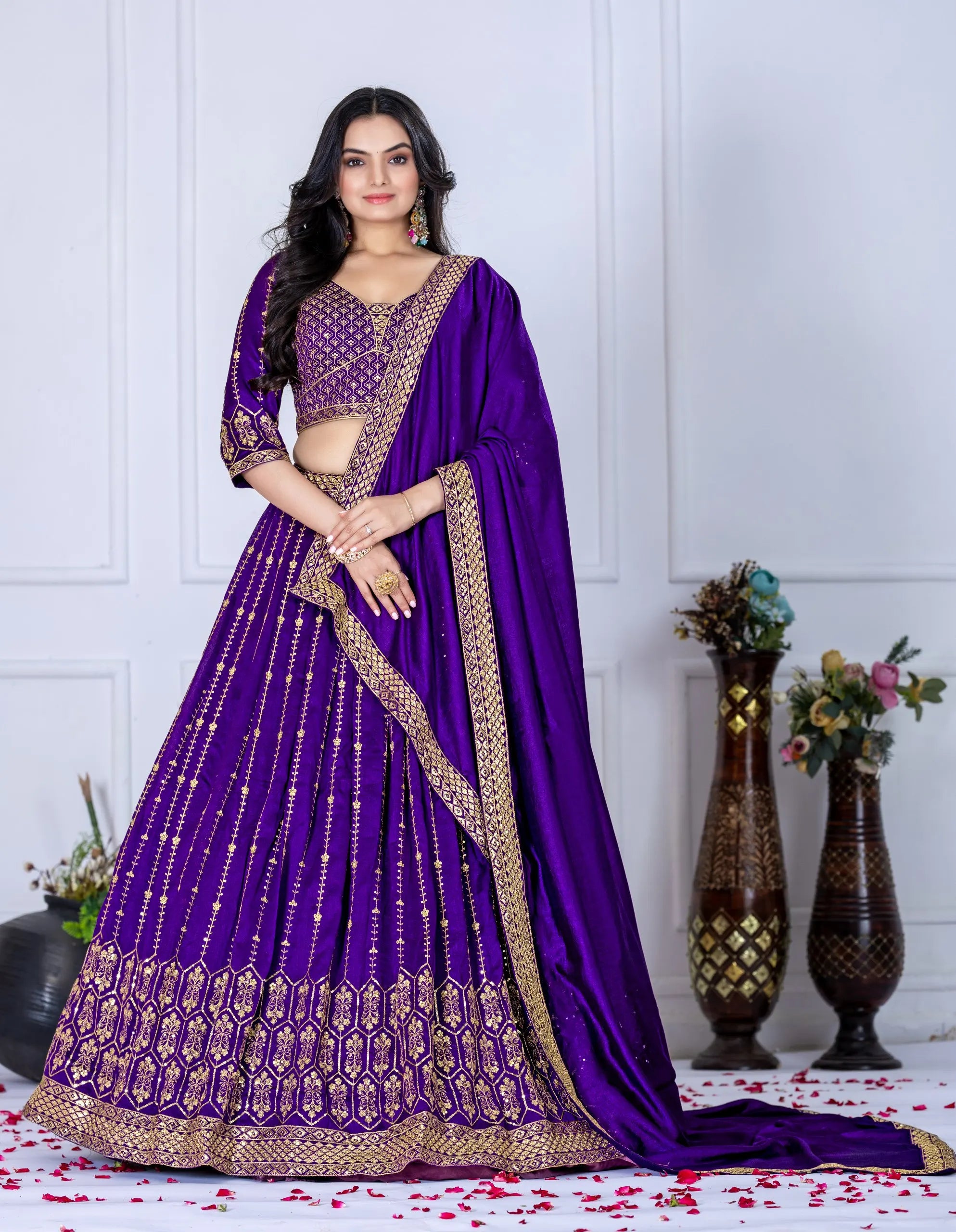 Embroidered V-Neck Semi-Stitched Heavy Vichitra Silk Wrinkle-Free Reversible Lehenga Choli Unstitched Blouse Dupatta Wedding