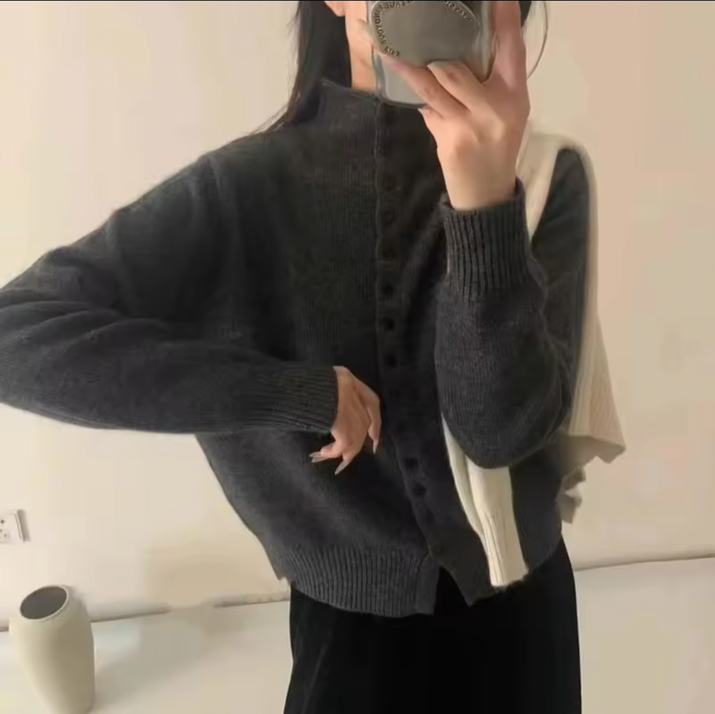Women Stand Collar Button Down Knit Cardigan Sweater Korean Style Casual Knitwear Solid Color Soft Knitted Top for Autumn Winter
