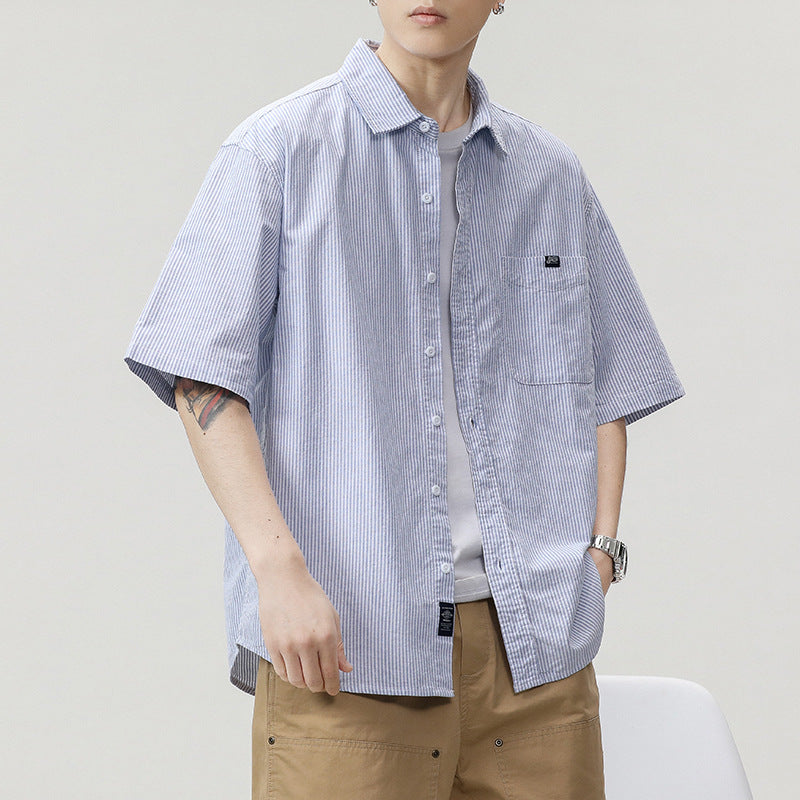 LKTM Men's# Japanese Striped Short-sleeved Shirt Men's Summer Thin cityboy Casual All-match Lapel Shirt