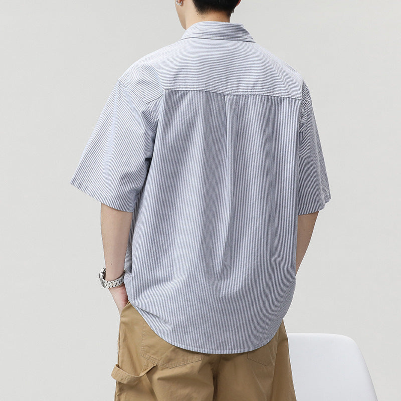 LKTM Men's# Japanese Striped Short-sleeved Shirt Men's Summer Thin cityboy Casual All-match Lapel Shirt