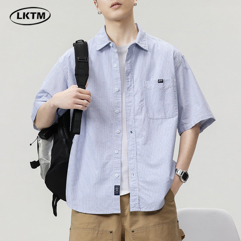 LKTM Men's# Japanese Striped Short-sleeved Shirt Men's Summer Thin cityboy Casual All-match Lapel Shirt