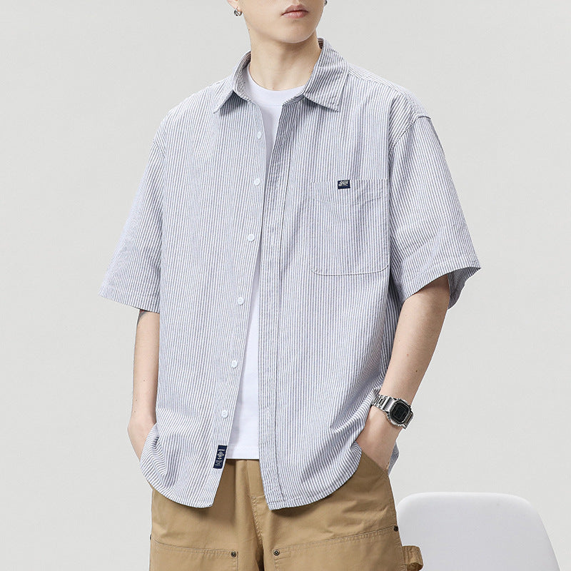 LKTM Men's# Japanese Striped Short-sleeved Shirt Men's Summer Thin cityboy Casual All-match Lapel Shirt
