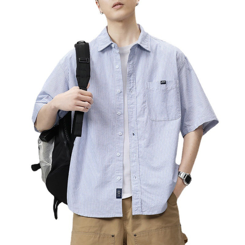 LKTM Men's# Japanese Striped Short-sleeved Shirt Men's Summer Thin cityboy Casual All-match Lapel Shirt