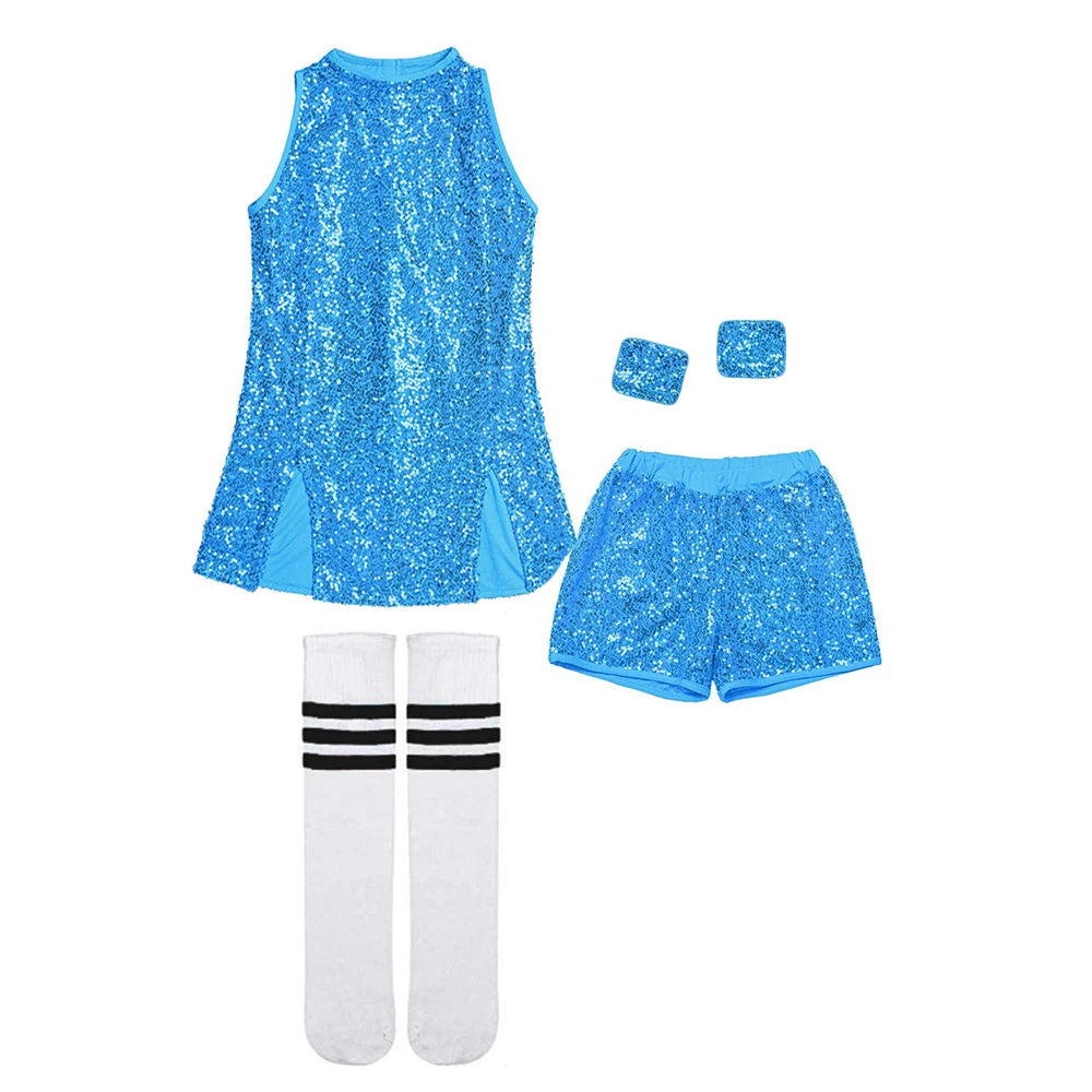 LOlanta 5-12 Years Girls Sequins Cheerleading Dress with Socks Jazz Modern Street Dance Hip-Hop Performances Costumes