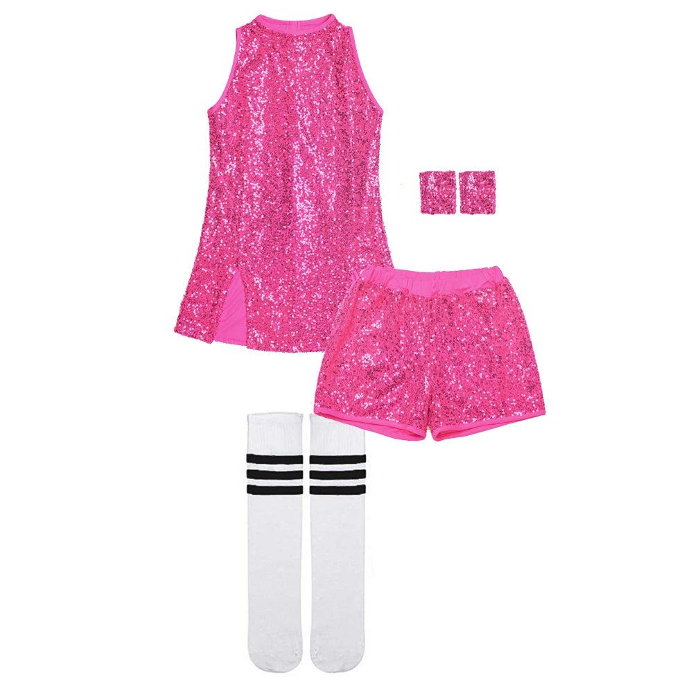 LOlanta 5-12 Years Girls Sequins Cheerleading Dress with Socks Jazz Modern Street Dance Hip-Hop Performances Costumes