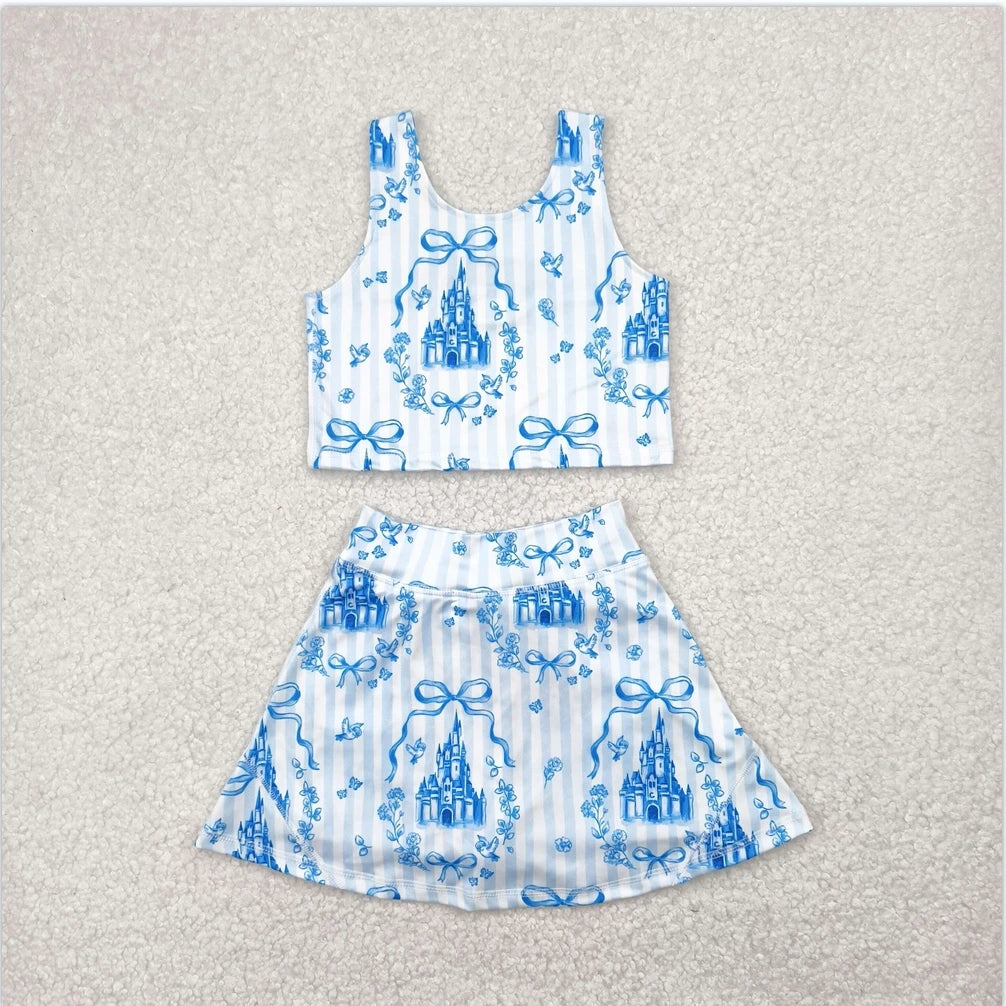 Baby Girl Clothes Kids Sets Toddler Girls Summer Athletic Acive Wear with Blue Castles Yoga Vest Top Sports Skorts Dresses