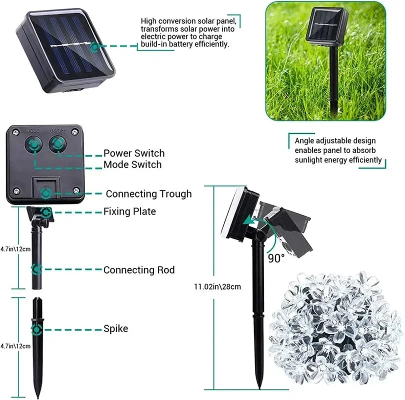 Solar Cherry Garden Blossom Flower Lights Garlands String Lights Solar Outdoor Waterproof Lawn Pathway Christmas Decoration Lamp