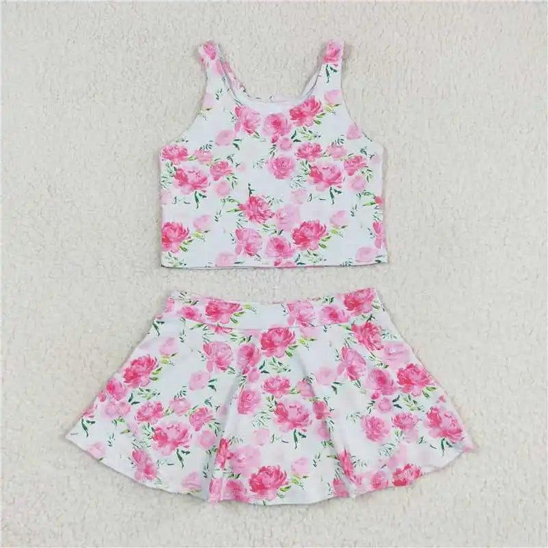 Baby Girl Clothes Kids Sets Toddler Girls Summer Athletic Acive Wear with Blue Castles Yoga Vest Top Sports Skorts Dresses