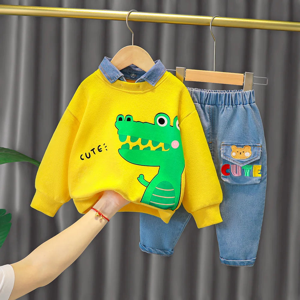 Baby boy clothes 0-4 years old spring and autumn long-sleeved suit boy cartoon lapel cotton sweater + jeans baby 2-piece set