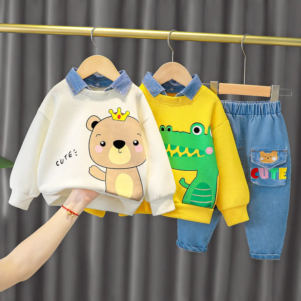 Baby boy clothes 0-4 years old spring and autumn long-sleeved suit boy cartoon lapel cotton sweater + jeans baby 2-piece set