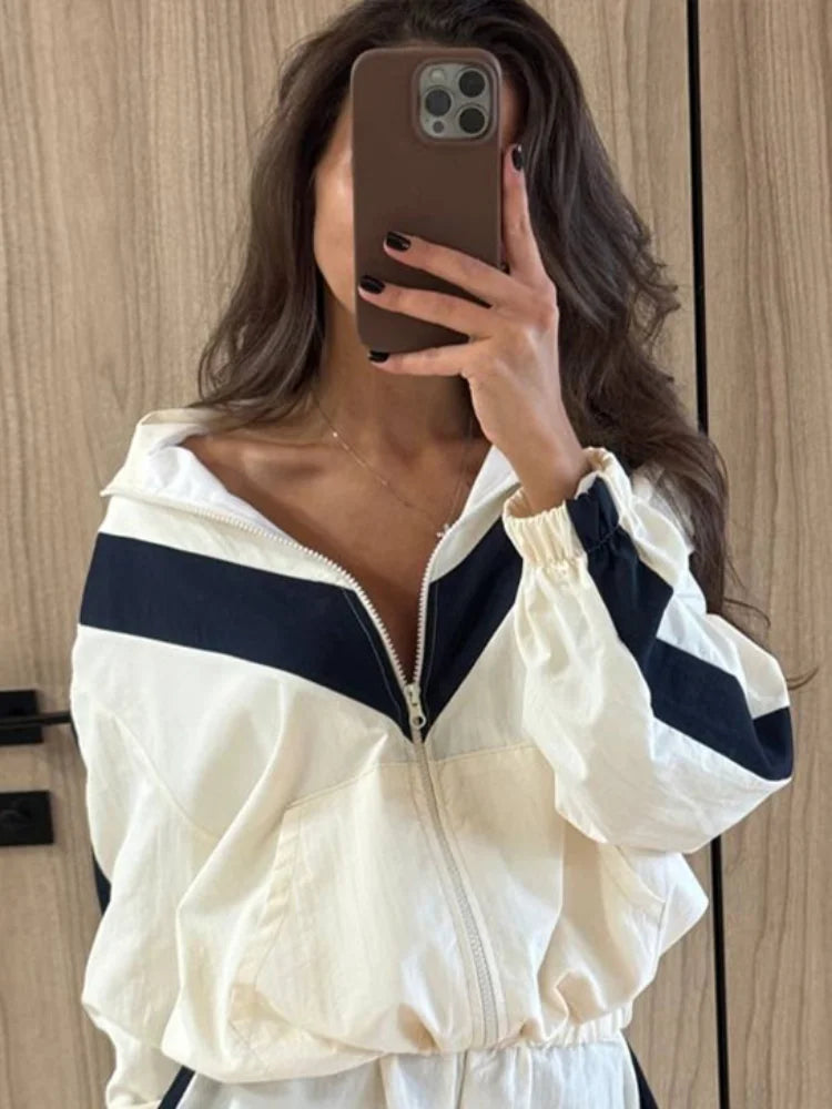 Women Color Block Zip Up 2 Piece Set  Long Sleeve Stand Collar Jacket High Waist Shorts Suit 2026 Spring Autumn Casual Outfit