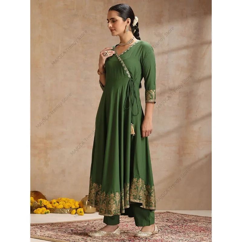 Elegant Indian Ethnic Set Women Cotton Silk Suit Bollywood Style V-Neck Kurti Pant Dupatta Breathable Festive Outfit India Dress