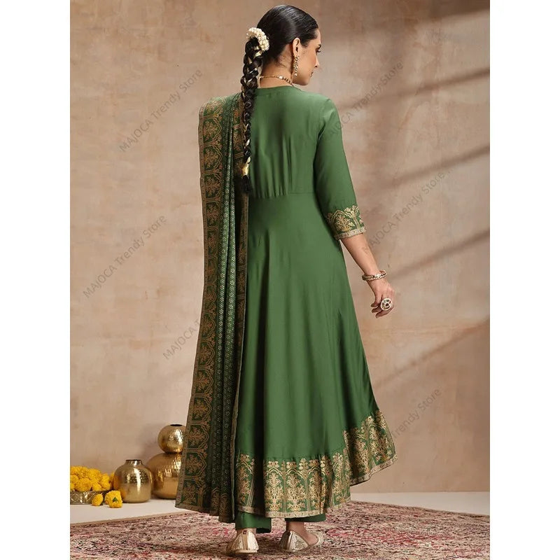 Elegant Indian Ethnic Set Women Cotton Silk Suit Bollywood Style V-Neck Kurti Pant Dupatta Breathable Festive Outfit India Dress