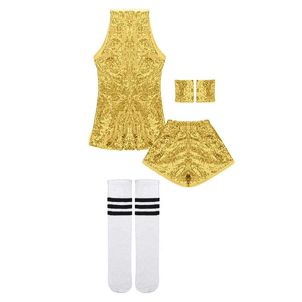 LOlanta 5-12 Years Girls Sequins Cheerleading Dress with Socks Jazz Modern Street Dance Hip-Hop Performances Costumes