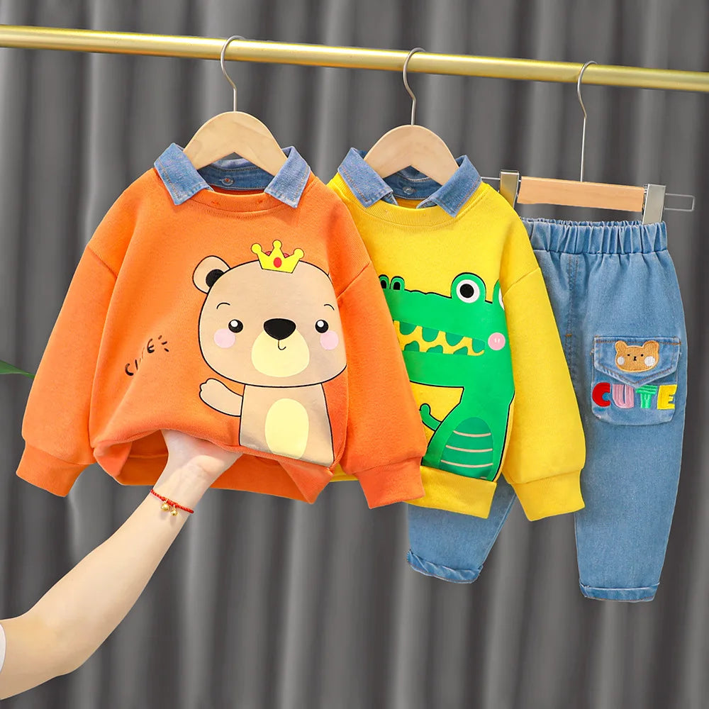 Baby boy clothes 0-4 years old spring and autumn long-sleeved suit boy cartoon lapel cotton sweater + jeans baby 2-piece set