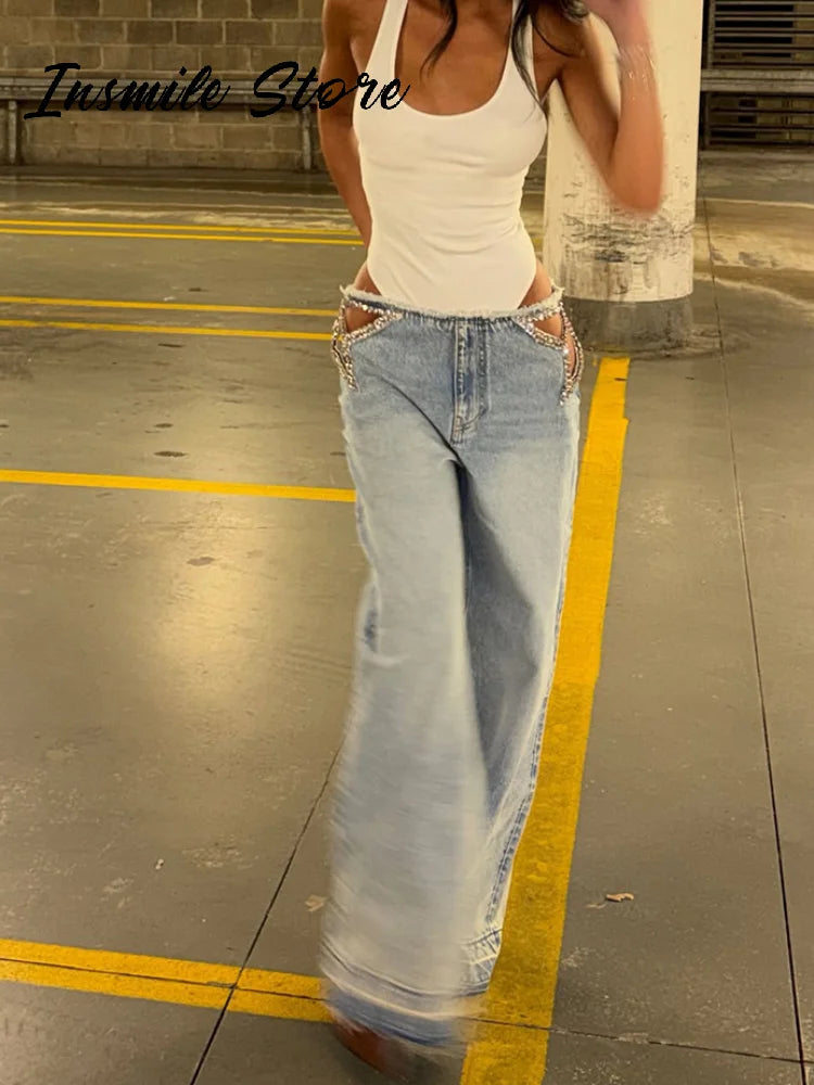 Y2K Women's Diamond Star Blue Jeans High Waist Pockets Zipper Wide Leg Denim Pant 2026 Summer Autumn Lady Street All-match Pants