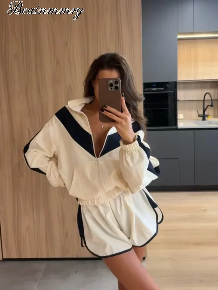 Women Color Block Zip Up 2 Piece Set  Long Sleeve Stand Collar Jacket High Waist Shorts Suit 2026 Spring Autumn Casual Outfit