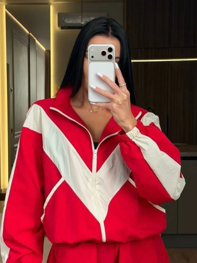 Women Color Block Zip Up 2 Piece Set  Long Sleeve Stand Collar Jacket High Waist Shorts Suit 2026 Spring Autumn Casual Outfit
