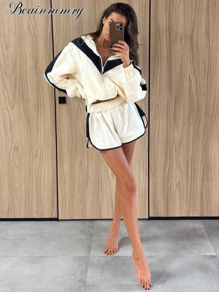 Women Color Block Zip Up 2 Piece Set  Long Sleeve Stand Collar Jacket High Waist Shorts Suit 2026 Spring Autumn Casual Outfit