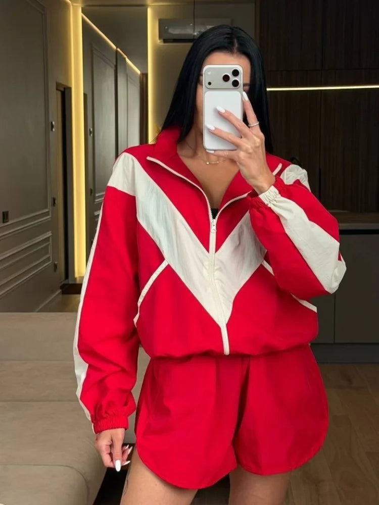 Women Color Block Zip Up 2 Piece Set  Long Sleeve Stand Collar Jacket High Waist Shorts Suit 2026 Spring Autumn Casual Outfit