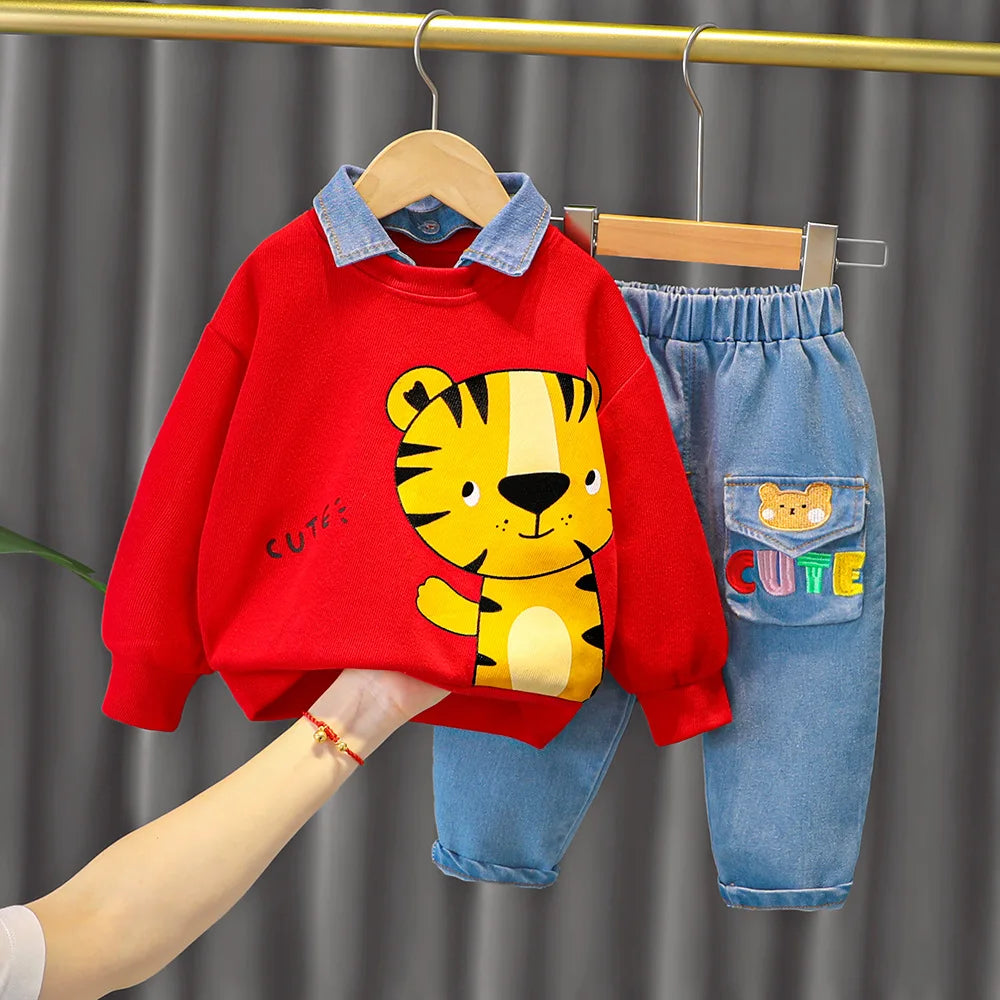Baby boy clothes 0-4 years old spring and autumn long-sleeved suit boy cartoon lapel cotton sweater + jeans baby 2-piece set