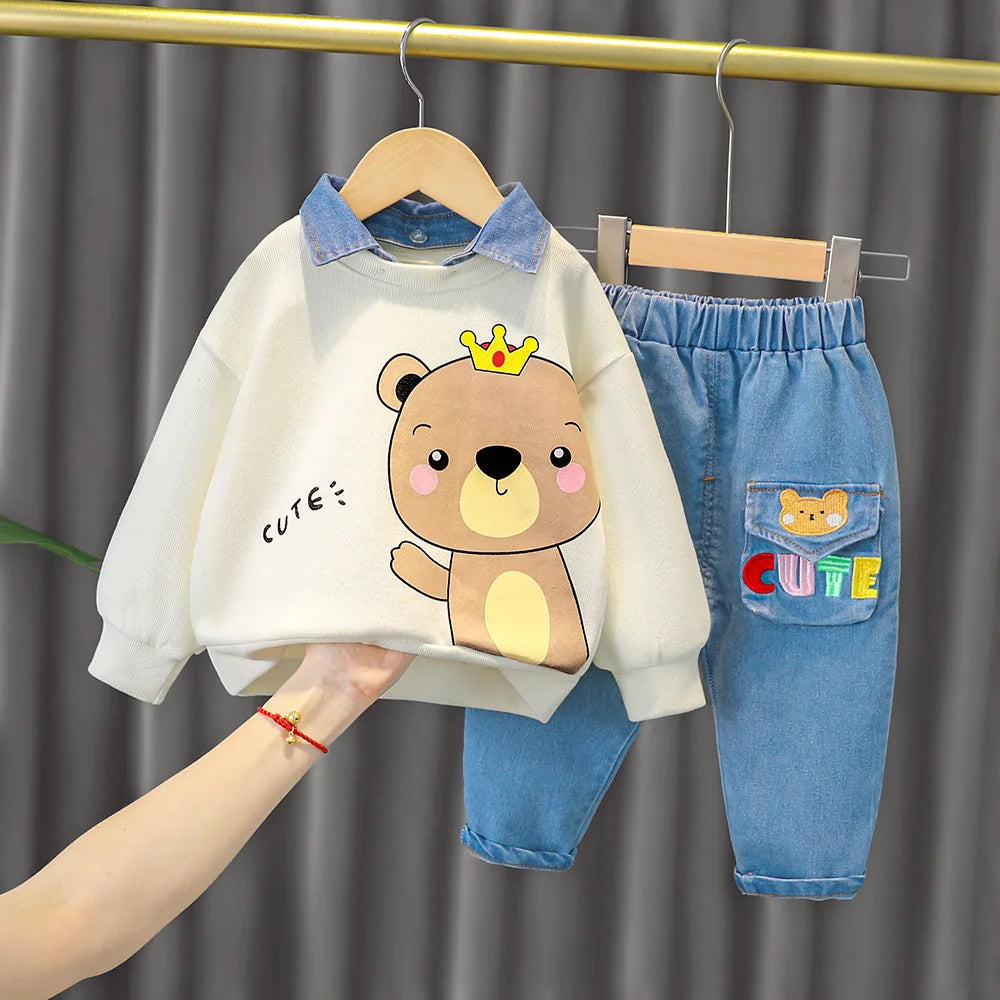 Baby boy clothes 0-4 years old spring and autumn long-sleeved suit boy cartoon lapel cotton sweater + jeans baby 2-piece set