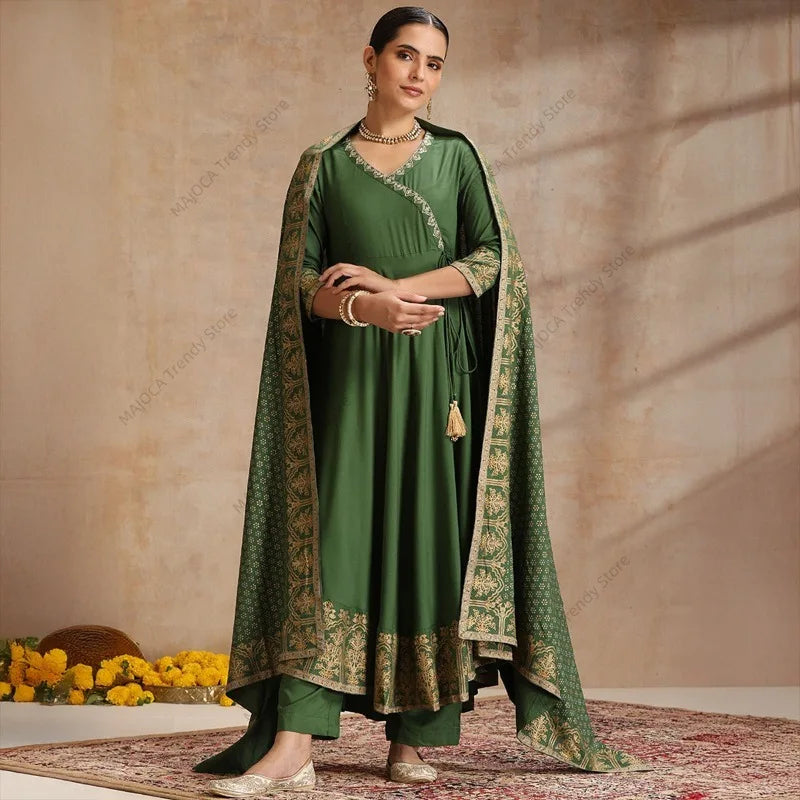 Elegant Indian Ethnic Set Women Cotton Silk Suit Bollywood Style V-Neck Kurti Pant Dupatta Breathable Festive Outfit India Dress