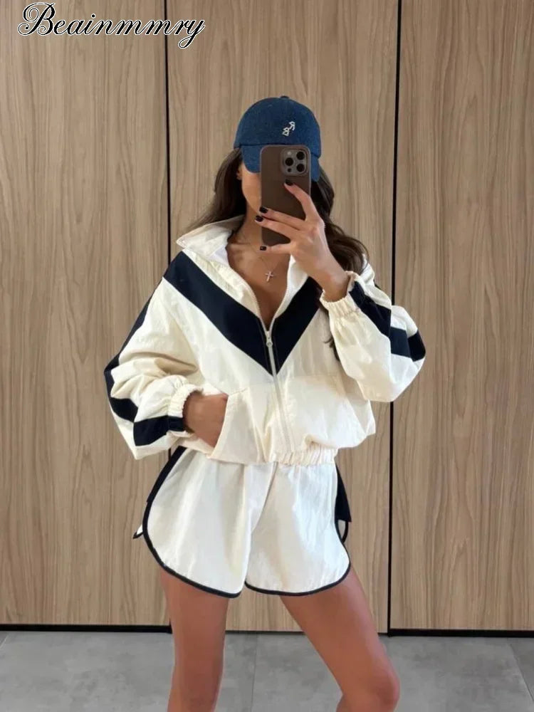 Women Color Block Zip Up 2 Piece Set  Long Sleeve Stand Collar Jacket High Waist Shorts Suit 2026 Spring Autumn Casual Outfit
