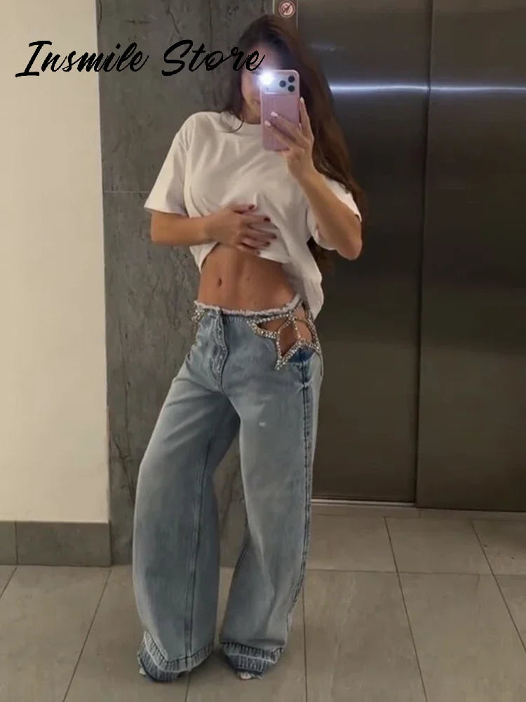 Y2K Women's Diamond Star Blue Jeans High Waist Pockets Zipper Wide Leg Denim Pant 2026 Summer Autumn Lady Street All-match Pants