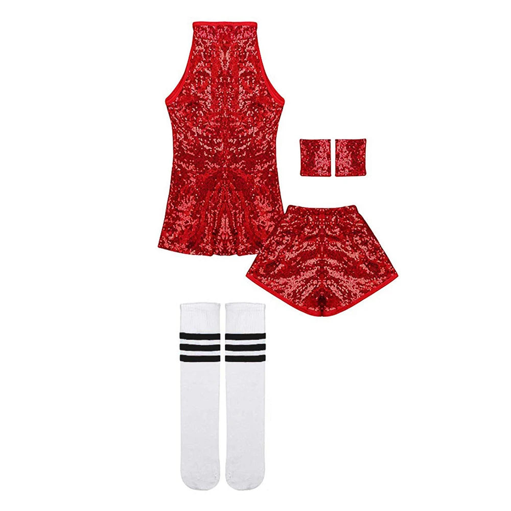 LOlanta 5-12 Years Girls Sequins Cheerleading Dress with Socks Jazz Modern Street Dance Hip-Hop Performances Costumes