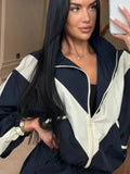 Women Color Block Zip Up 2 Piece Set  Long Sleeve Stand Collar Jacket High Waist Shorts Suit 2026 Spring Autumn Casual Outfit