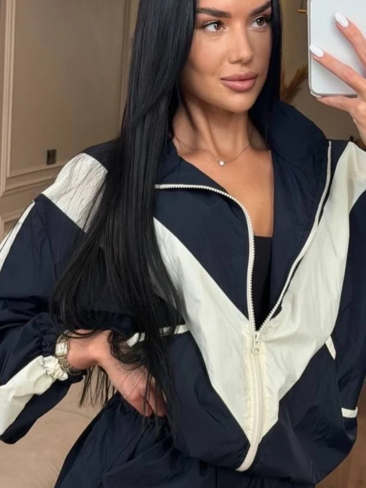 Women Color Block Zip Up 2 Piece Set  Long Sleeve Stand Collar Jacket High Waist Shorts Suit 2026 Spring Autumn Casual Outfit