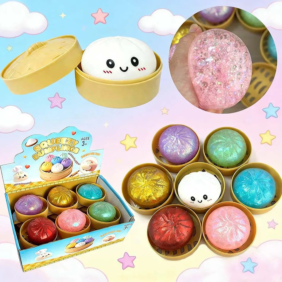 2026 Hot Colorful Dumpling Squishes Stress Balls Fidget Sensory Toys Simulation Food Squishies Bun with Steamer Squeeze Gifts