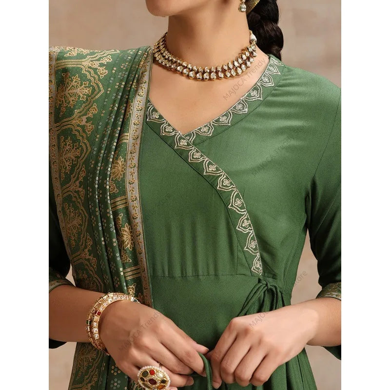 Elegant Indian Ethnic Set Women Cotton Silk Suit Bollywood Style V-Neck Kurti Pant Dupatta Breathable Festive Outfit India Dress