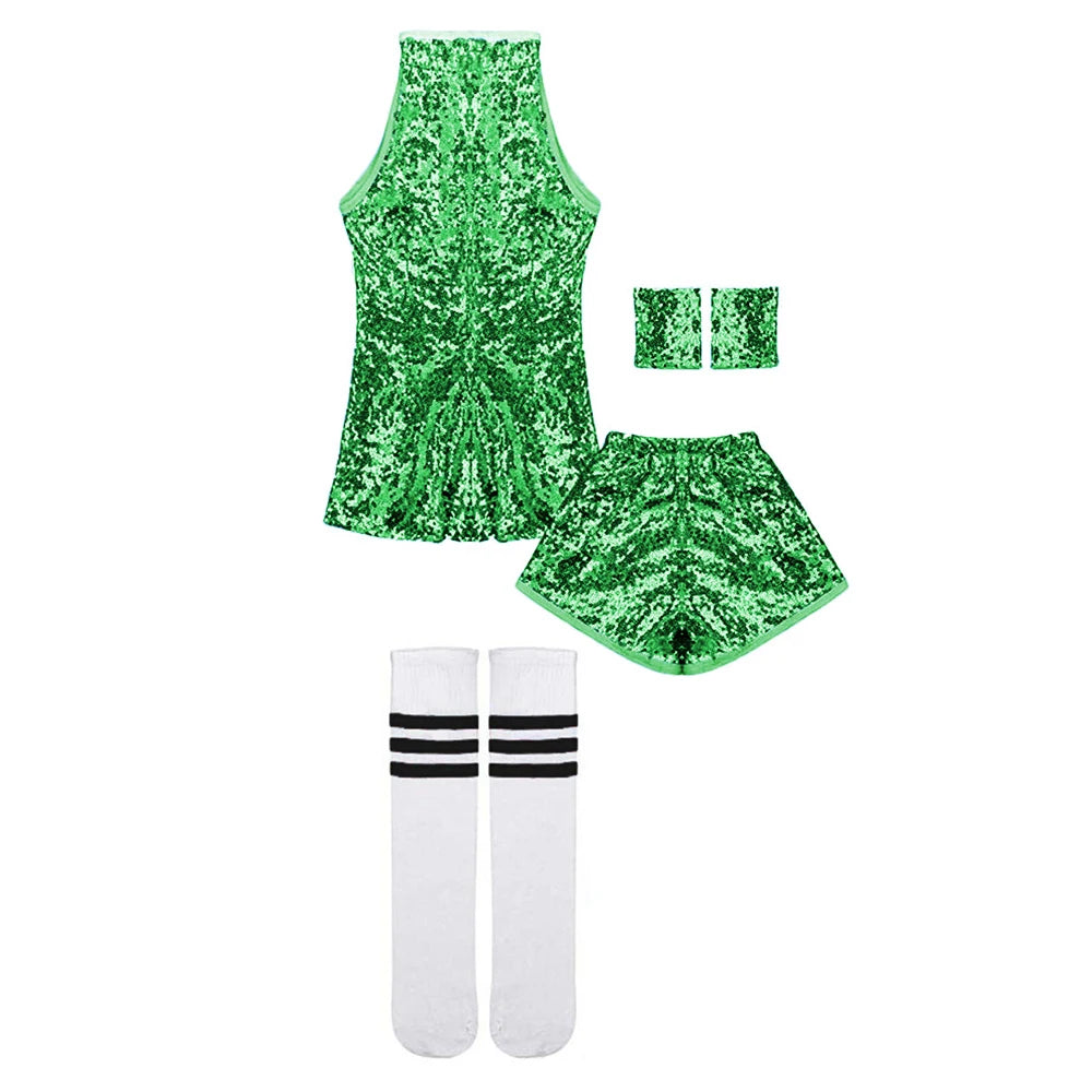 LOlanta 5-12 Years Girls Sequins Cheerleading Dress with Socks Jazz Modern Street Dance Hip-Hop Performances Costumes
