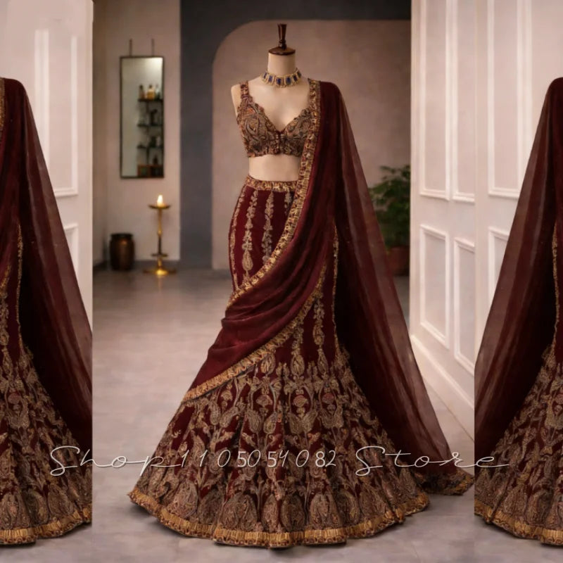 Burgundy Algerian Traditional Three-Piece Evening Gown V-neck with Gold Lace Embroidery Mermaid Silhouette with Veil Customized