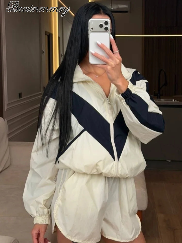 Women Color Block Zip Up 2 Piece Set  Long Sleeve Stand Collar Jacket High Waist Shorts Suit 2026 Spring Autumn Casual Outfit