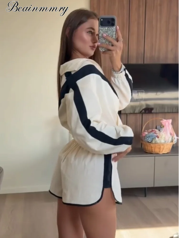 Women Color Block Zip Up 2 Piece Set  Long Sleeve Stand Collar Jacket High Waist Shorts Suit 2026 Spring Autumn Casual Outfit