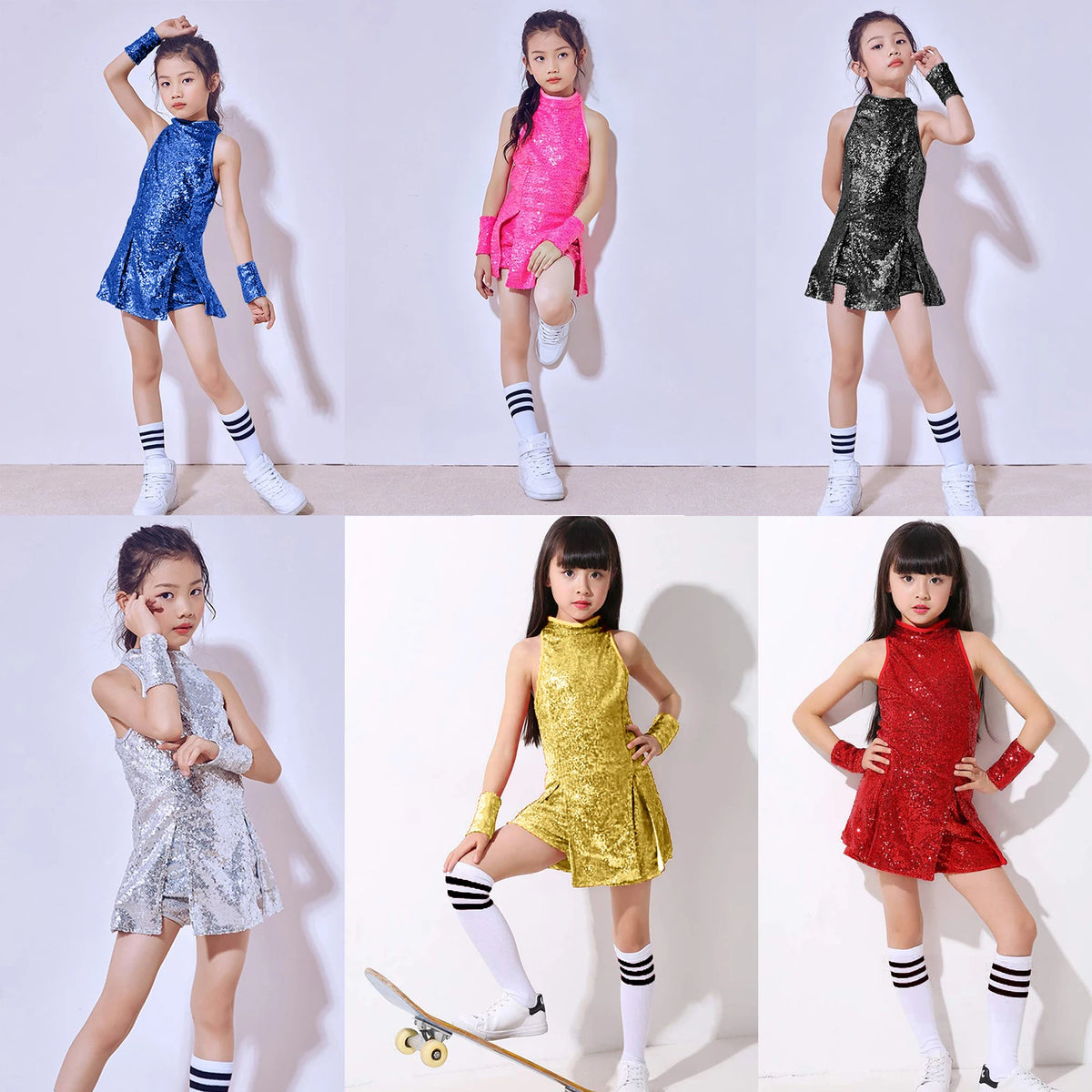 LOlanta 5-12 Years Girls Sequins Cheerleading Dress with Socks Jazz Modern Street Dance Hip-Hop Performances Costumes
