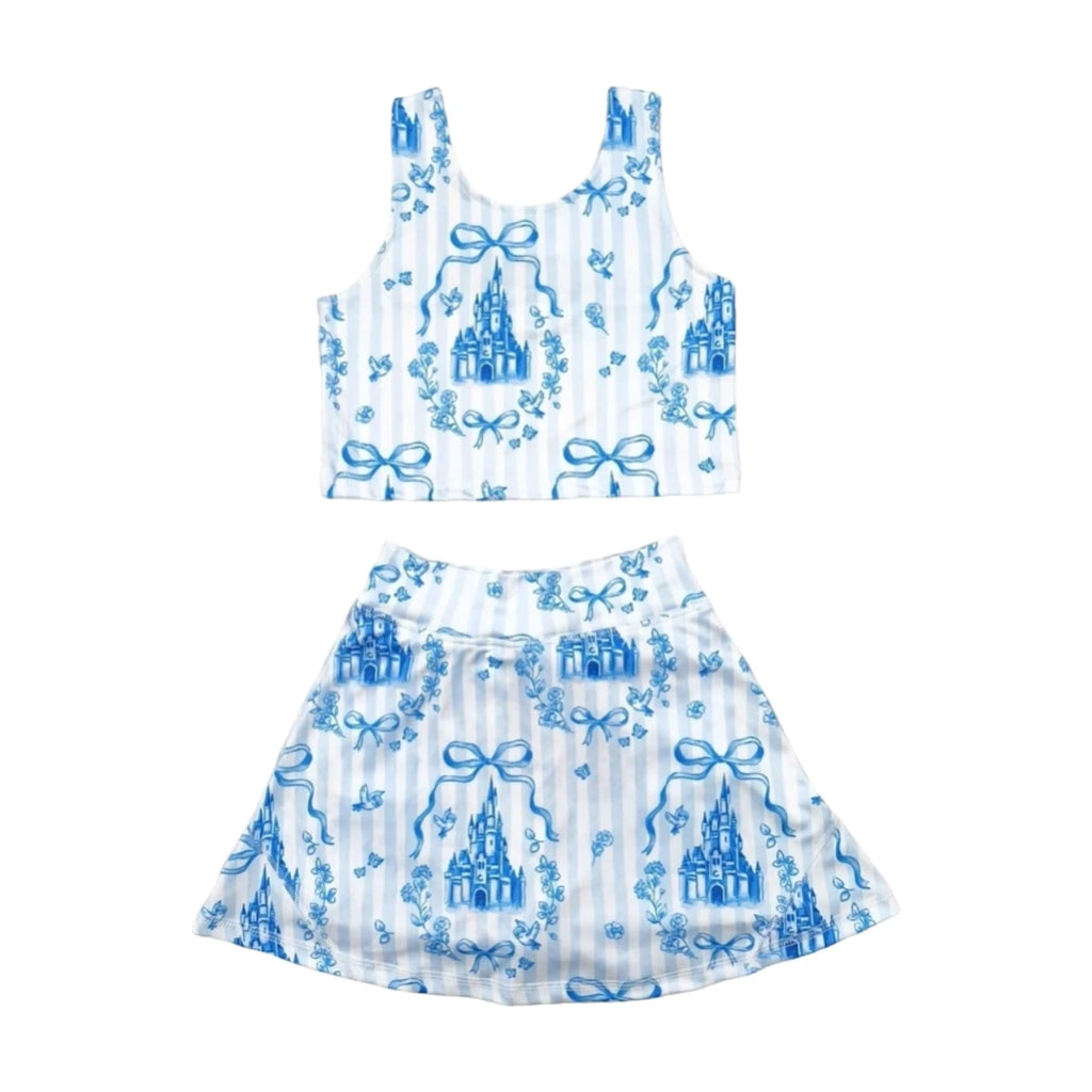 Baby Girl Clothes Kids Sets Toddler Girls Summer Athletic Acive Wear with Blue Castles Yoga Vest Top Sports Skorts Dresses